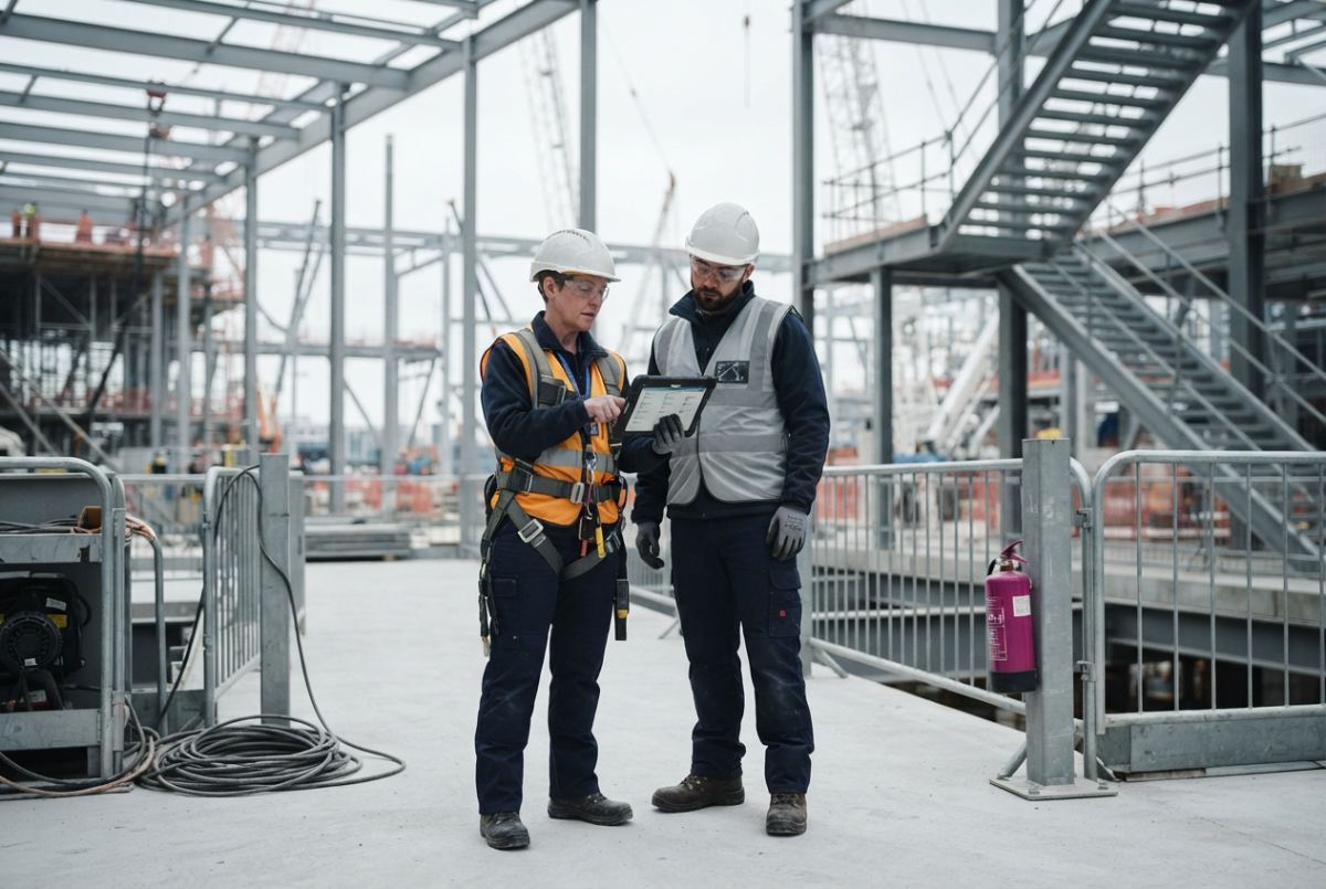 Supervisor de seguridad y trabajador revisando un checklist en obra